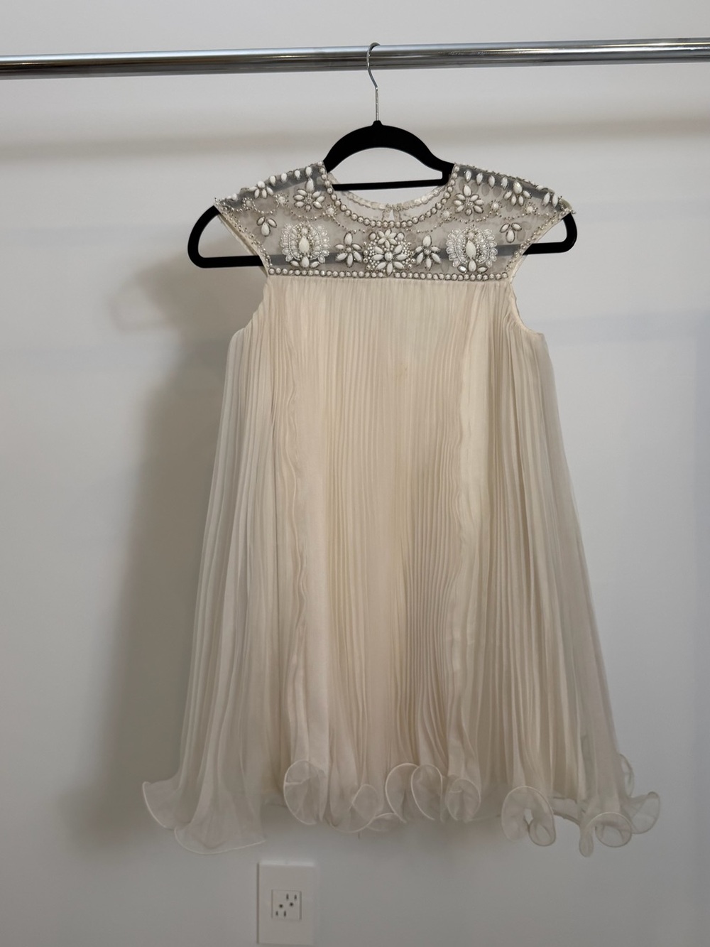 Marchesa Ivory Pleated Chiffon Dress with Beaded Yoke